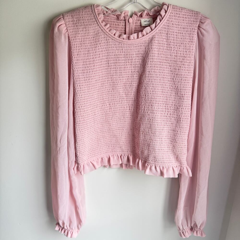 Wilfred Aritzia Tempest Blouse Smocked Sheer Sleeves Sz L Pink Ruffle